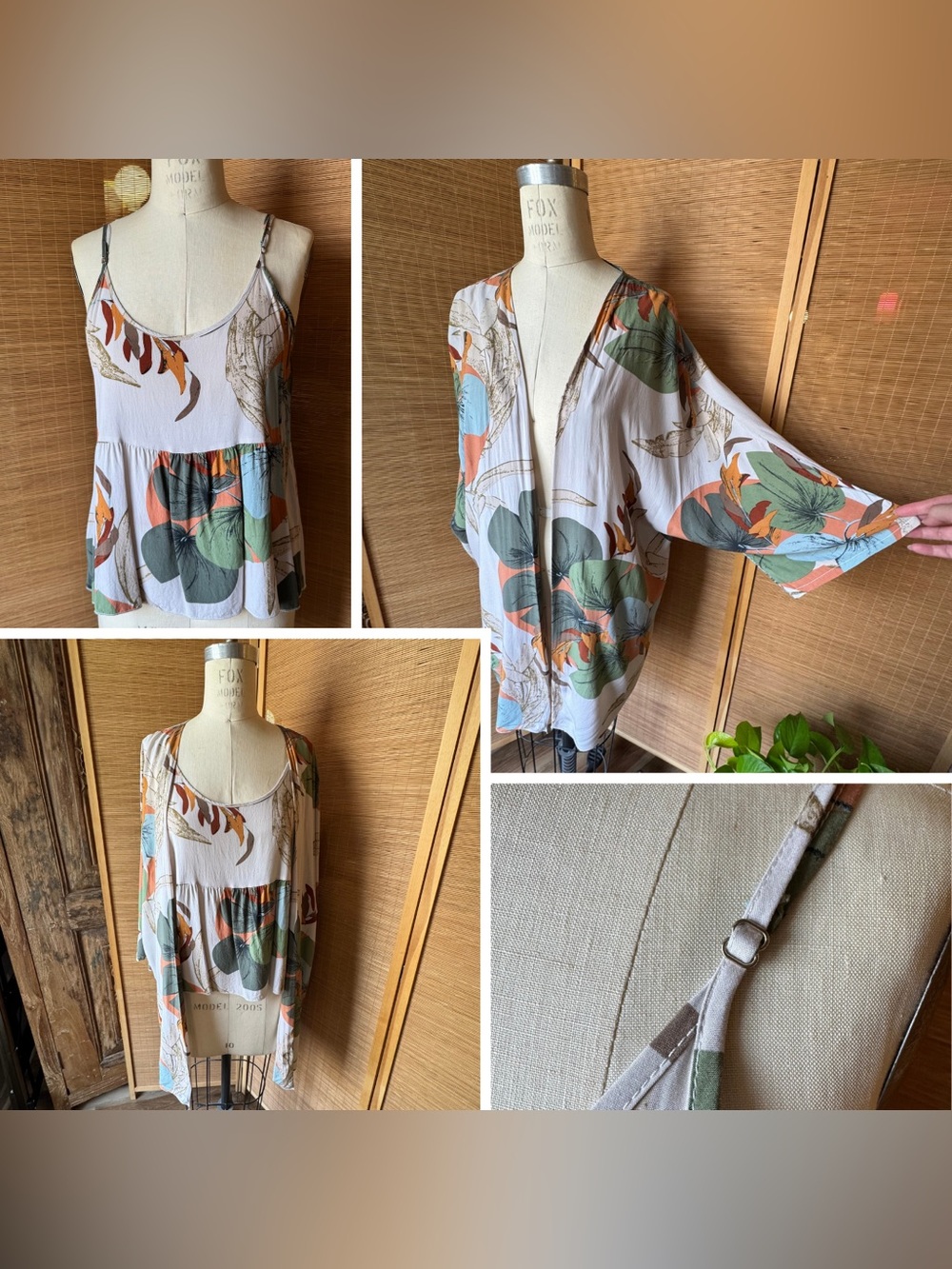 Lightweight Floral Kimono Cardigan and Tank Set - White/Green/Orange